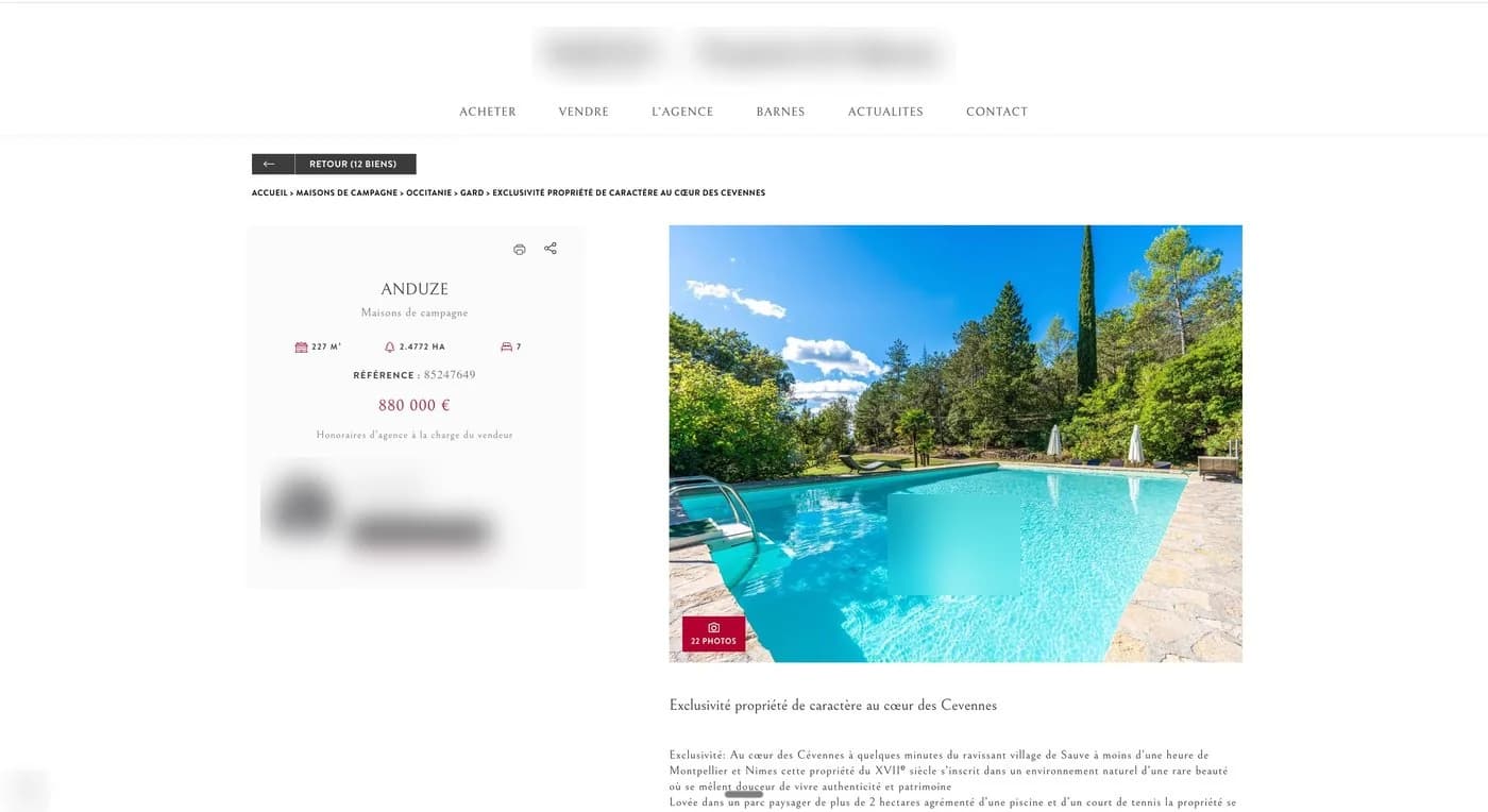 Fiche d'annonce d'une agence classique : caractéristiques, prix (880 000 €) et descriptif — format standard.