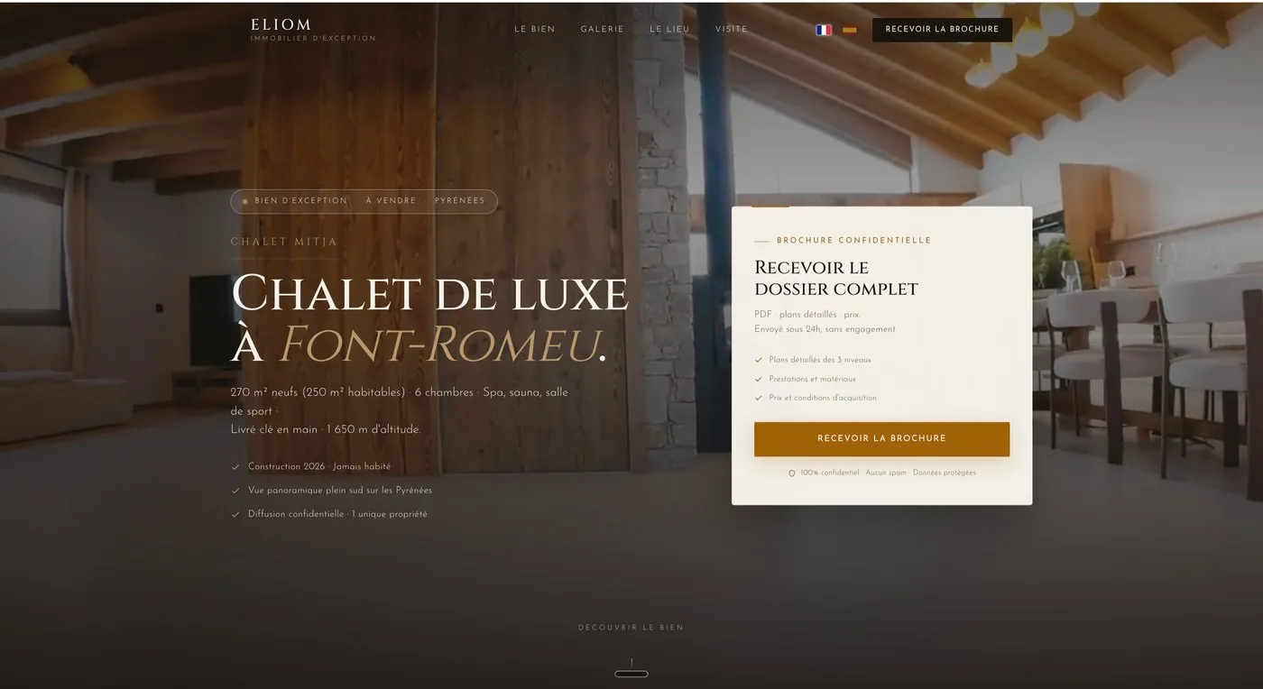 Mise en marché Prodigio : page dédiée éditoriale plein écran pour un bien d'exception.